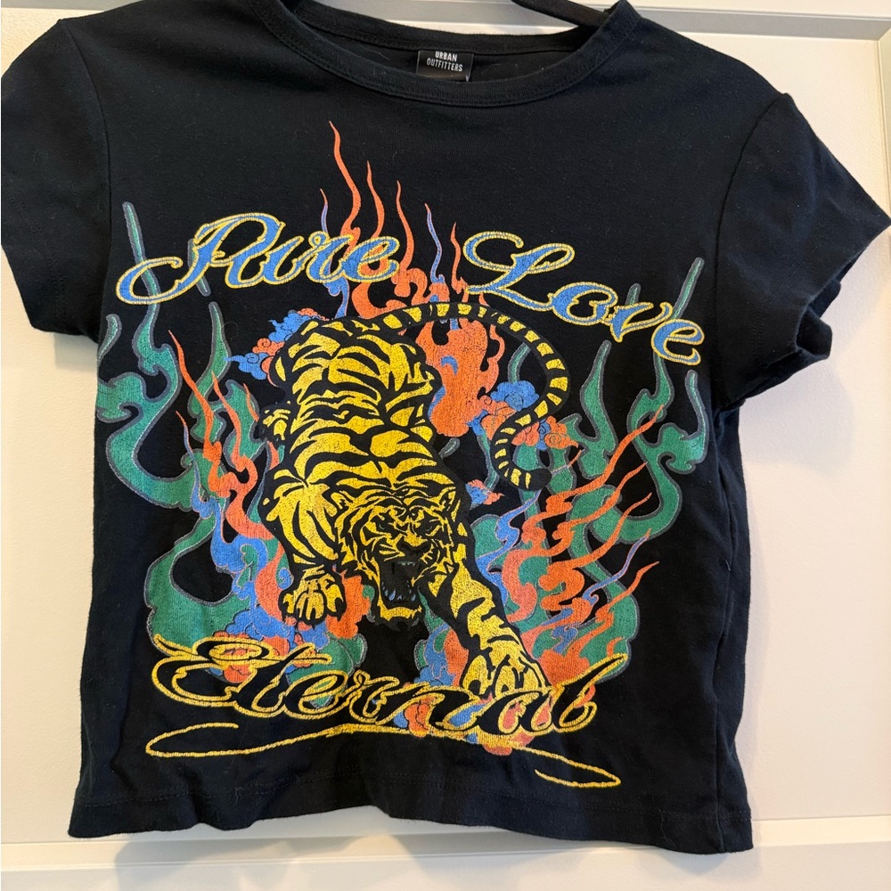 Urban Outfitters Black Baby Tee with Yellow Tiger & Multicolor Flames